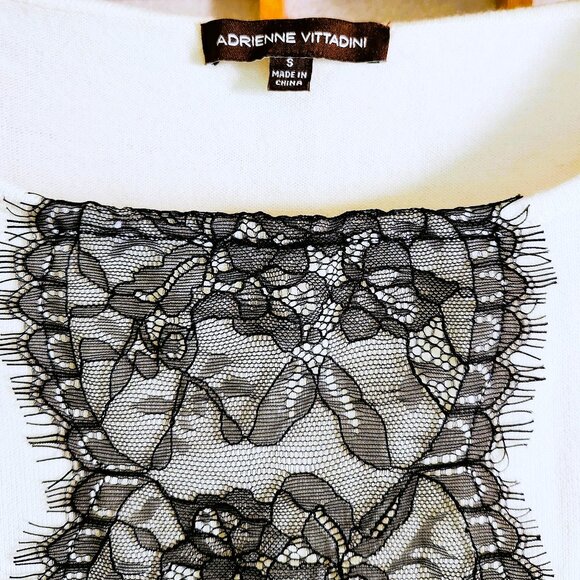 Adrienne Vittadini White Top Blouse with Black Lace Insert Crew Neck Long Sleeve - Picture 2 of 10